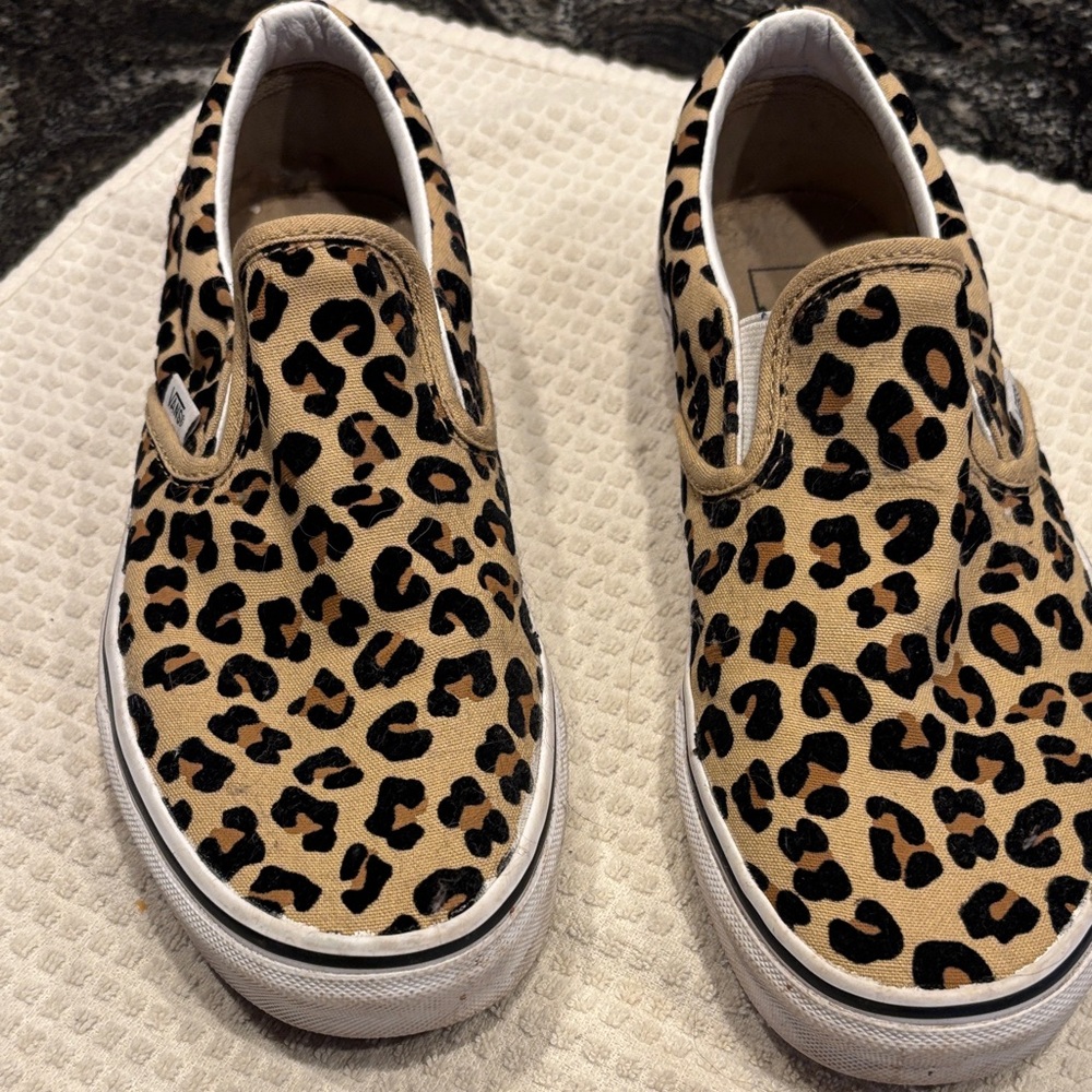 Vans Tan and Black Animal Print Slip-Ons